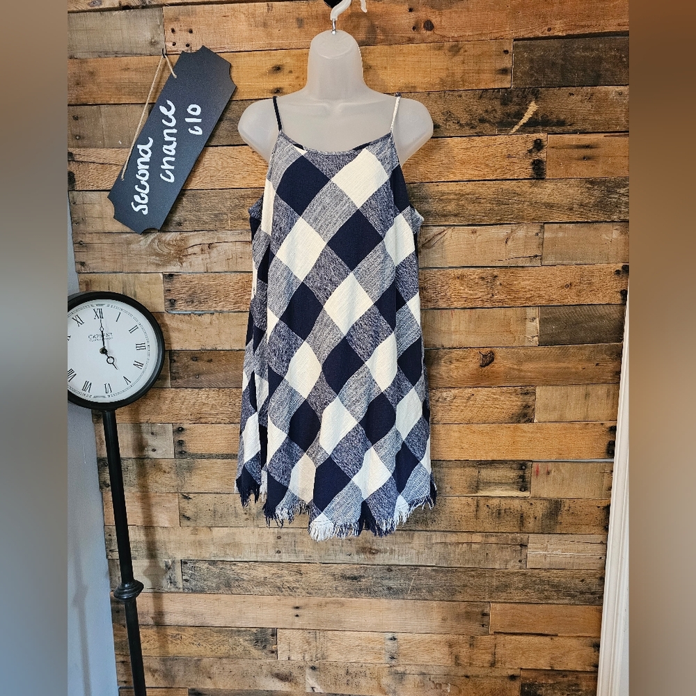Universal Thread Women's Navy Blue Checkered Cotton Dress Fringe Western Size L